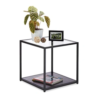 Image of Relaxdays Glass Side Wooden Tray, Metal Frame, Robust, Square, Flat Coffee Table, Black, HWD 50x50x50 cm