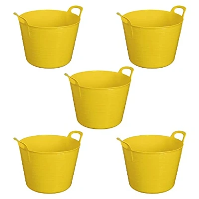 Image of (Set of 5) 26L Litre Robust Versatile Multi Purpose Flexible Storage Container Bucket, Tub Trugs, Horse Feeder, Garden Tub, Laundry Basket, Flexi (Yellow)