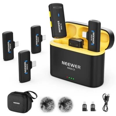 Image of NEEWER Wireless Lavalier Microphone System for iPhone, Mini Clip on Lapel Mic Set with 2 USB C Transmitters/4 Receivers/OTG Adapter Compatible iPhone Android Phone Computer Tablet, Black, KM20