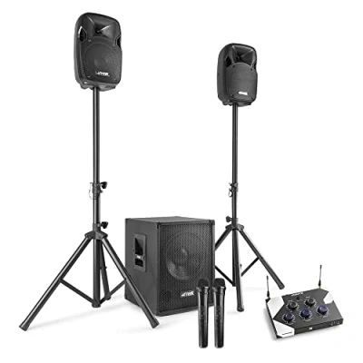 Image of MAX Karaoke PA Speaker System with MX700 8&quot; Speakers, Subwoofer and Two Wireless Microphones