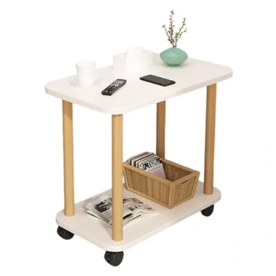 Image of End Table, Side Small Desk, Beside Rectangle Wood Night Stand with 2 Tier Storage Shelf, Living Room Coffee Finish Bedside Table for Bedroom (White)