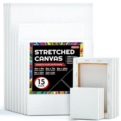 Image of Shuttle Art Canvas for Painting, 15 Multi Pack Stretched Blank Boards, 4x4, 5x7, 8x10, 9x12, 11x14 Inches (3 of Each), Primed White Painting Canvas, Canvases Acrylic, Oil