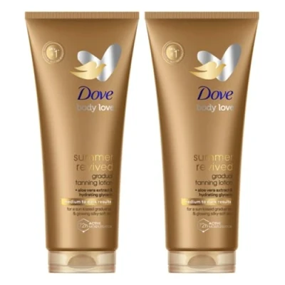 Image of Dove Summer Revived Medium to Dark gradual Tanning Lotion for a tan and natural, radiant glow non‑greasy self all skin types 200 ml x2