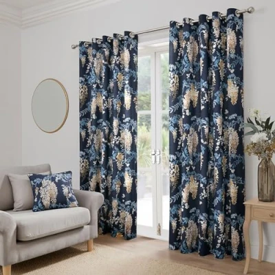 Image of Dreams &amp; Drapes Navy Wisteria Curtains W46 x L54 (117 137cm) 2x Panels Flower Eyelet in Blue Floral Dark Door for Bedroom/Living Room