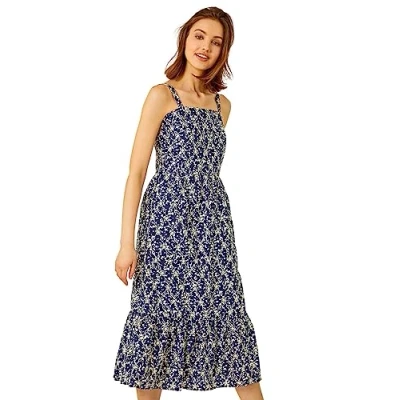 Image of Roman Womens Broderie Detail Cotton Midi Dress Navy Size 12 UK