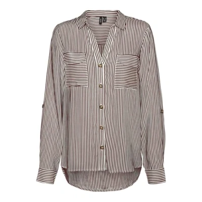 Image of VERO MODA Women&#039;s Vmbumpy L/S Shirt New WVN Ga Noos Long Sleeve Blouse, Fired Brick/Stripes: Snow White, M