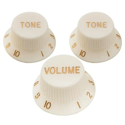 Image of Musiclily Pro Metric Size 18 Splines 1 Volume 2 Tone Strat Style Knobs Set for Asia Import Guitar Bass Split Shaft Pots, Aged White