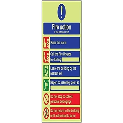 Image of V Safety Glow In The Dark General 6 Message Fire Action Notice Sign 200mm x 300mm Rigid Plastic