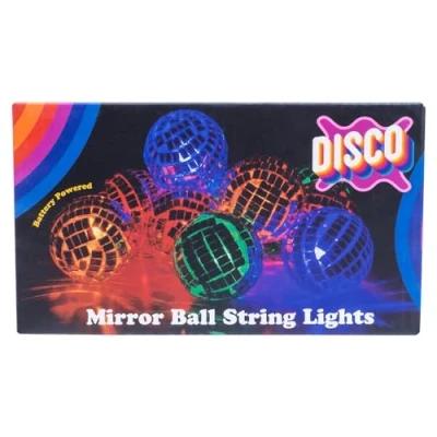 Image of Fizz Creations Disco Mirror Ball String Lights. Includes 10 Multicolour LED Mini Balls on 170cm String. Battery Powered. Indoor Wall Decor for Home Party Retro AnniversaryBedroom