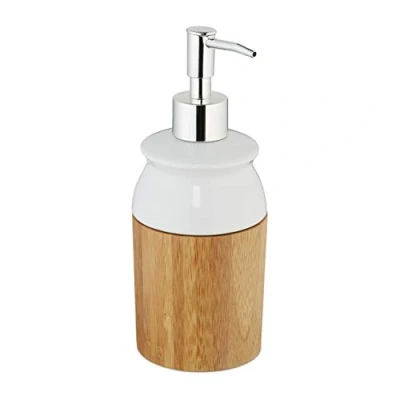 Image of Relaxdays Set of 8 Soap Dispensers, Refillable, for Lotion, with Pump, Bamboo &amp; Ceramic, Bathroom, 225 ml, Natural/White