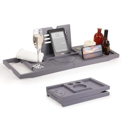 Image of Woodluv Extendable Bamboo Bath Tray, Bathtub Tray Bathroom Caddy with Wine Glass, Candle, Phone, Tablet, Book Holder Foldable Board for Spa Experience Adjustable Rack, Dark Grey