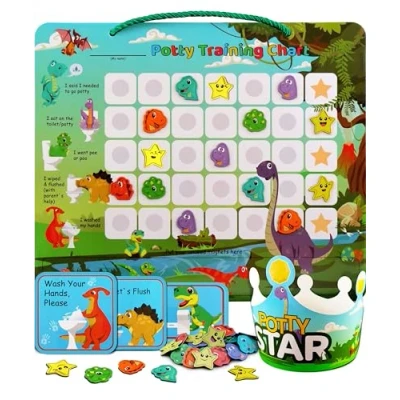 Image of Potty Training Reward Chart. Charts for Children Behavior with 35 Reusable Magnetic Stickers. A Dinosaur Toilet Chart Toddlers. Kids and Stickers Boys