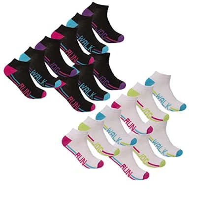 Image of Red Tag Active 18 Pairs Ladies Sports Ankle Socks Cotton Rich Trainer Liner For Running, 4/8 UK, White &amp; Black