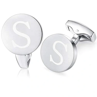 Image of HONEY BEAR Initial Alphabet Letter Cufflinks for Men, Brushed Silver Round Shape Stainless Steel Wedding Business Cufflinks, A Z (S)