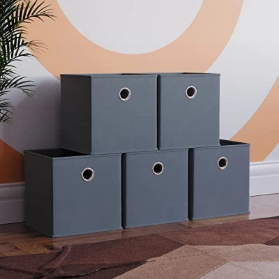 Image of Vida Designs Durham Foldable Storage Cube Baskets Fabric Box With Metal Easy Access Handle Home Organiser (5 Pack, Grey)