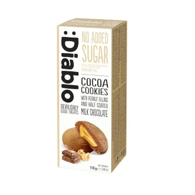 Image of Diablo No Added Sugar Cocoa Cookies with Peanut Filling and Half Coated Milk Choclate 110g (Pack Of 1)