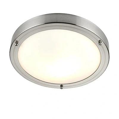 Image of Saxby Portico 60W Modern 300mm Flush Brushed Chrome and Frosted Glass IP44 Bathroom Ceiling Light