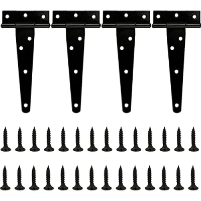 Image of LAMXD 4 Pcs T Hinges, Strap Metal Heavy Duty Gate Tee Hinges with Screws for Sheds, Windows, Fence, Barn Gates Supplies (Black,6 Inch)