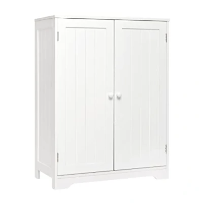 Image of Mondeer Bathroom Storage Cabinet Sideboard White 60x 30x 80 cm Free Standing MDF Painted 180 Open 2 Doors 3 Shelves (1 Adjustable)
