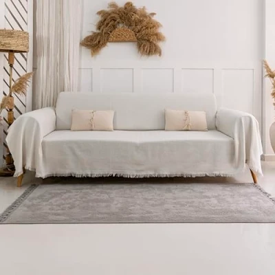 Image of Milam London Sofa Throws Large 3 Seater Cover 100% Cotton Throw Blanket Couch Settee 180 x 300 cm Cream