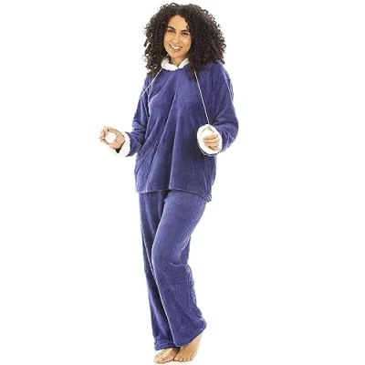 Image of Camille Women&#039;s 2 Piece Super Soft Pyjama Set Thick Luxury Fleece Full Length PJ Long Sleeved with Elasticated Waist &amp; Sherpa Lined Hood Navy 18 20