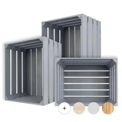 Image of Creative Deco 3 x Large Grey Wooden Crate with Handles 50x40x30cm Keepsake Chest Storage Box Crates Gift Vintage Farmhouse Display Basket