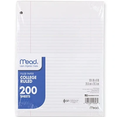 Image of Mead Loose Leaf Paper, Notebook College Ruled Filler Standard, 8 x 10.5, 200 Sheets (15326)