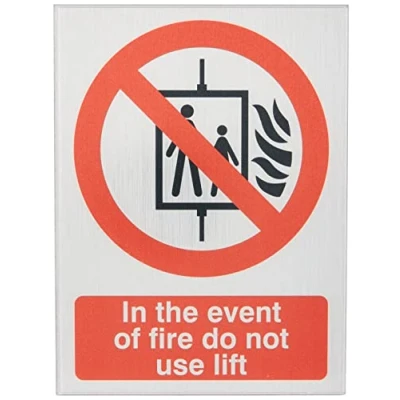 Image of Seco in The Event of Fire Do Not Use Lift Sign, 150mm x 200mm 2mm Brushed Aluminium Effect Acrylic, redgreyblack