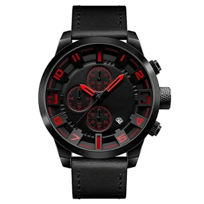 Image of FeiWen Mens Fashion Casual Analog Quartz Watches Calendar Date Stainless Steel Case with Leather Band Stopwatch Business Wristwatch Sub Dial, Red