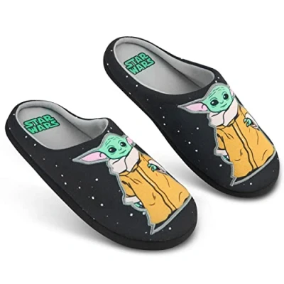Image of Disney Men&#039;s Slippers Baby Yoda Indoor House Shoes Size 6 12 Non Slip Sole Gifts for Him (Black Yoda, 7 UK)