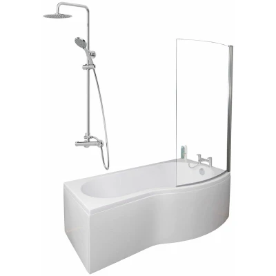 Image of Ceramica P Shaped 1700x900mm Shower Bath, Chrome Shower, Bath Screen &amp; Panel RH