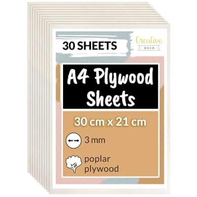 Image of Creative Deco 30 x A4 Plywood Sheets 300 210 3 mm Poplar Wood Ply Perfect Board for DIY Home Decor, Arts, Craft, Painting, Laser Cutting, CNC, Scroll Saw, Stenciling Pyrography