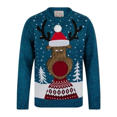 Image of Tokyo Laundry Men&#039;s Deerer Motif Novelty Christmas Jumper in Ink/Blue Aster Twist Merry S