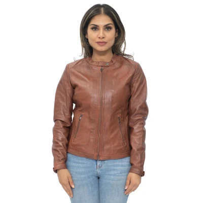 Image of Infinity Leather Womens Tan Biker Jacket Prague Size 12 UK