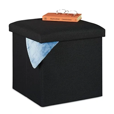 Image of Ottoman, Seat Stool with Storage Space, Foldable, Upholstered, Square, Cube, HxWxD 37 x 37.5 cm, Black Relaxdays