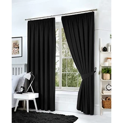 Image of Hachette Thermal Blackout Curtains Pencil Pleat Tape Top Including Pair of Tiebacks (Black, 46&quot; X 54&quot;)