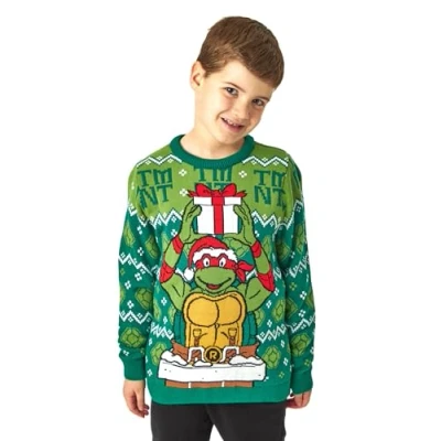 Image of Teenage Mutant Ninja Turtles Boys Christmas Jumper in Green Raphael Festive Long Sleeve Knitted Holiday Sweater for Children Xmas Warm Pullover Knit Raph TMNT Seasonal Cartoon Gift Him