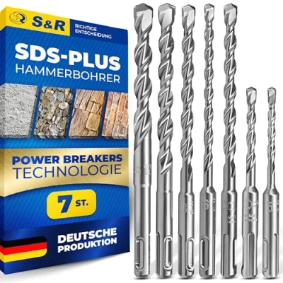 Image of S&amp;R SDS 4 Plus Hammer Drill Bit Set (7 Pieces); for concrete, masonry, stone, granite. Professional Quality. Masonry Bits/Wall Bits MADE IN GERMANY