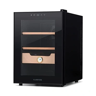 Image of Klarstein El Presidente Cigar humidor thermoelectric Cabinet with Glass Door, humidifier Cedar Wood Shelves, Hygrometer, LED Interior Light, 37 litres, Silver
