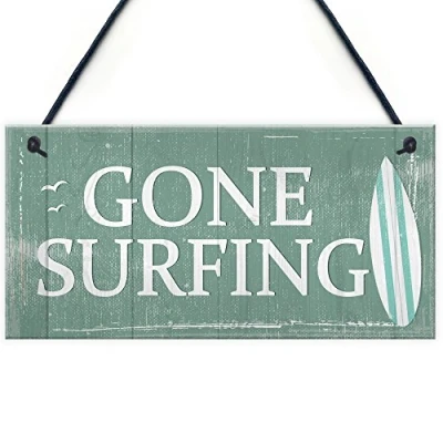 Image of RED OCEAN Gone Surfing Hanging Plaque Nautical Decor Beach Seaside Shabby Chic Home Sign Gift