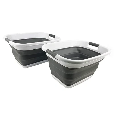 Image of SAMMART 25L Collapsible Laundry Basket/Tub Foldable Storage Container/Organizer Portable Washing Bin Space Saving Hamper Car Trunk Box (White/Steel Grey (Set of 2))