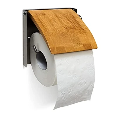 Image of Relaxdays Mounted Roll Made of Bamboo and Stainless Steel Bathroom Wall Toilet Paper Holder, Natural, Brown, 2.5 x 14.5 13.5 cm