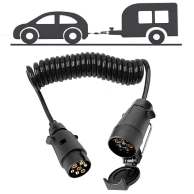 Image of 3M 7 Pin Trailer Extension Coiled Cable with Adapter Plug Socket Connector 12V Core Lead Towing for Caravan Truck Male to Female
