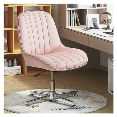 Image of Armless Office Desk Chair No Wheels,PU Leather Padded Modern Swivel Vanity Chair,Mid Back Ergonomic Adjustable Wide Seat Computer Task for Makeup (Color : Orange)