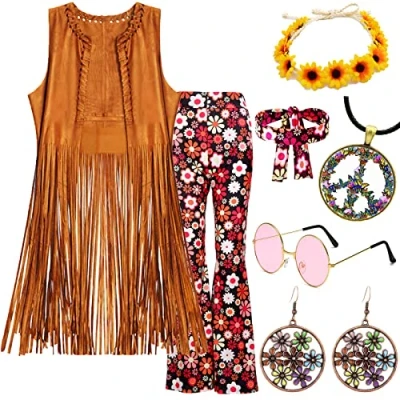 Image of 70s Fancy Dress Women Disco Hippie Clothes Fringe Vest with 60s Costume Flared Trousers &amp; Accessories Ladies Girl Hippy for Halloween Outfits(XL)