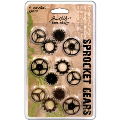 Image of Tim Holtz 0.75 1 inch Idea Ology Sprocket Metal Gears, Pack of 12, Antique Nickel/ Brass/ Copper