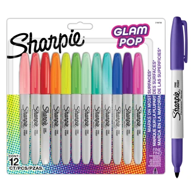 Image of Sharpie Glam Pop Permanent Markers Fine Point for Bold Details Assorted Vibrant Colours 12 Marker Pens