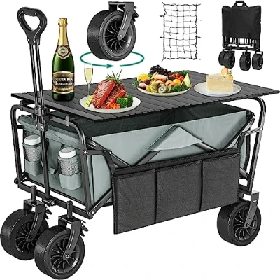 Image of YITAHOME Beach Trolley with Big Universal Wheels, Folding Wagon table 2 Drink Holders, Large Capacity 220 lbs Adjustable Handle Height, Festival for Outdoor Garden Picnics (Gray)