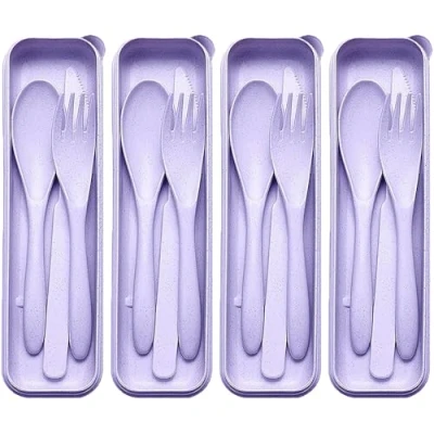 Image of Reusable Travel Utensils Set with Case, 4 Sets Portable Plastic Knife Fork Spoon Cutlery for Office, School, Travel, Camping, Picnic (Purple)