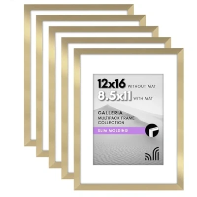 Image of Americanflat 12x16 Picture Frame with Polished Plexiglass Set of 5 Use as 8.5x11 Mat or Without Galleria Collection Gallery Wall for Display Gold